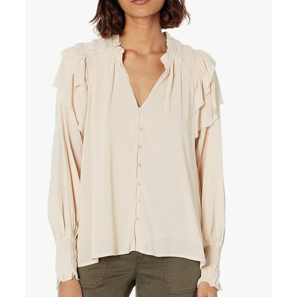 ASTR THE LABEL Rashida Smocked Cuffs & Shoulders Ruffle Poet Blouse Oat Beige L